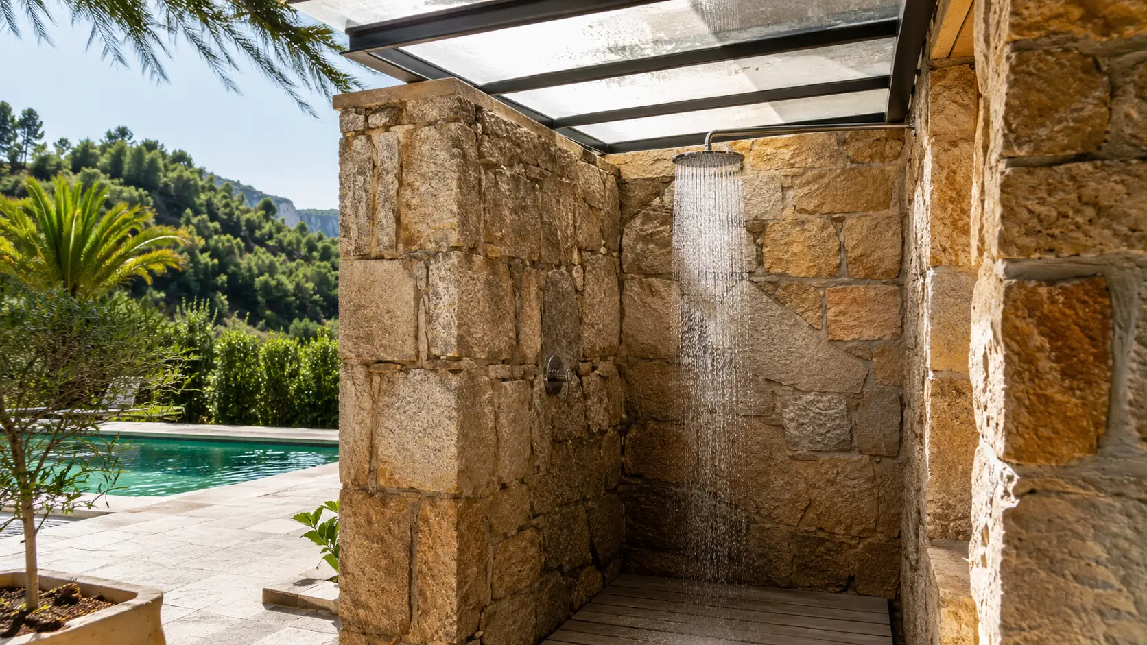 Außendusche am Pool mit Naturstein: So baue ich robuste Duschen an der Costa Blanca