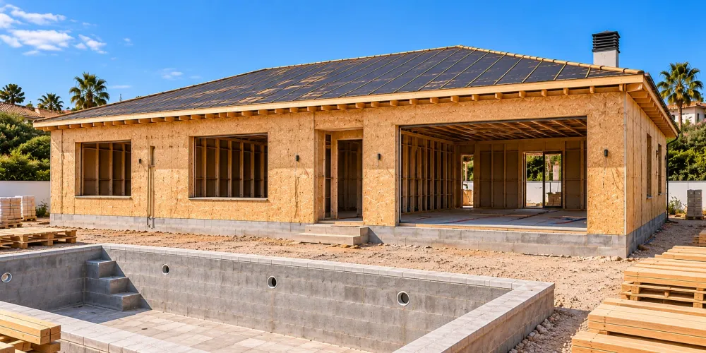 Visualisierung: Rohbau in SIP-Bauweise mit OSB-Paneelen und fertigem Dach