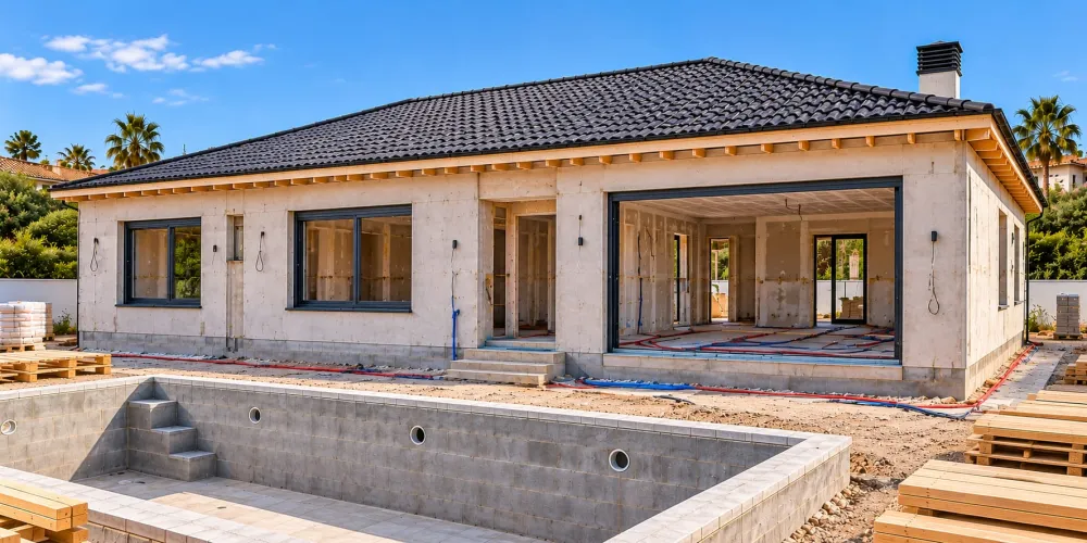 Visualisierung: Teilfertigstellung mit Fassadendämmung, Fenstern und Installationen