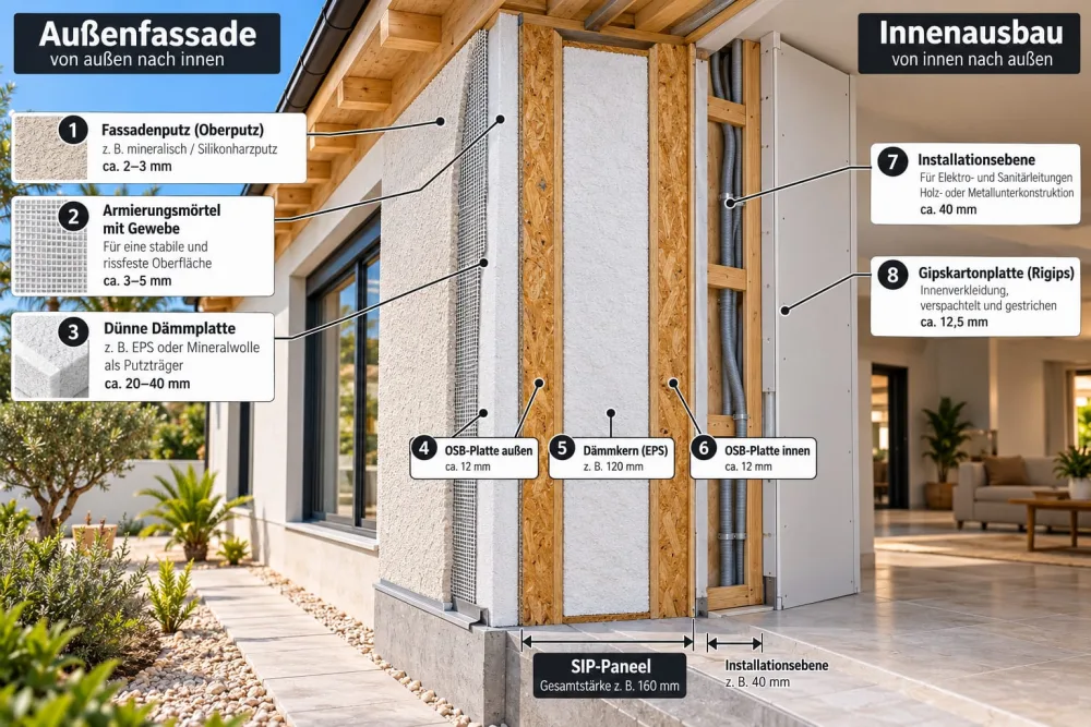 Visualisierung: Wandaufbau eines Neubaus in SIP-Bauweise mit acht Schichten von der Außenfassade bis zur Innenverkleidung
